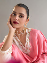 Off White floral V neck kurta set with dupatta