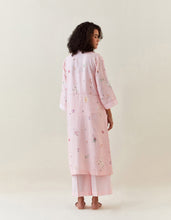 Pink botanical print front open cotton linen jacket