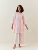 Pink botanical print mid length cotton linen kurta with yoke placket
