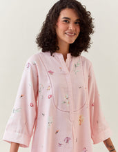 Pink botanical print mid length cotton linen kurta with yoke placket