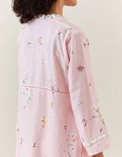 Pink botanical print cotton linen kurta with net placket