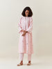Pink botanical print cotton linen kurta with net placket