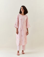 Pink botanical print cotton linen tunic with pocket
