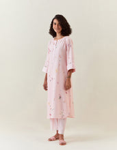 Pink botanical print cotton linen tunic with pocket