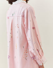 Pink botanical print cotton linen  kurta with scalloped net collar