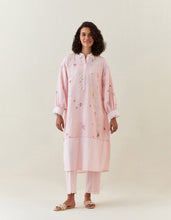 Pink botanical print cotton linen  kurta with scalloped net collar