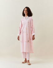 Pink botanical print cotton linen  kurta with scalloped net collar
