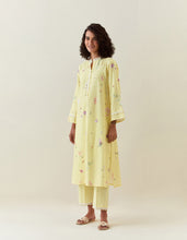Yellow botanical print cotton linen kurta with net placket