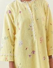 Yellow botanical print cotton linen kurta with net placket
