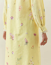 Yellow  botanical print cotton linen  kurta with scalloped net collar