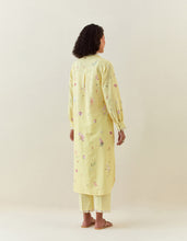 Yellow  botanical print cotton linen  kurta with scalloped net collar