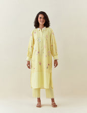 Yellow  botanical print cotton linen  kurta with scalloped net collar