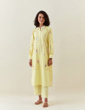 Yellow  botanical print cotton linen  kurta with scalloped net collar