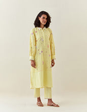 Yellow  botanical print cotton linen  kurta with scalloped net collar