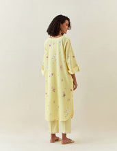 Yellow botanical print cotton linen tunic with pocket