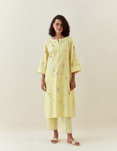 Yellow botanical print cotton linen tunic with pocket