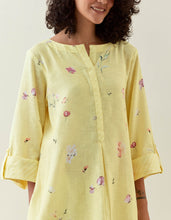 Yellow botanical print cotton linen tunic with pocket