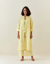 Yellow botanical print front open cotton linen jacket