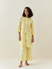 Yellow botanical print mid length cotton linen kurta with yoke placket