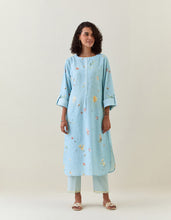 Blue botanical print cotton linen tunic with pocket
