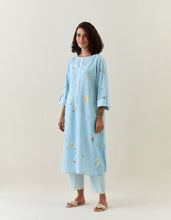 Blue botanical print cotton linen tunic with pocket