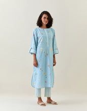 Blue botanical print cotton linen tunic with pocket