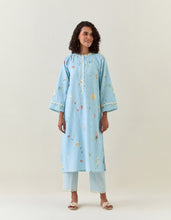 Blue striped cotton pull up  pant with scalloped net hem