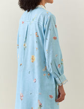 Blue botanical print  cotton linen kurta with scalloped net collar