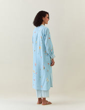 Blue botanical print  cotton linen kurta with scalloped net collar