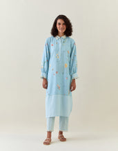 Blue botanical print  cotton linen kurta with scalloped net collar