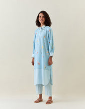 Blue botanical print  cotton linen kurta with scalloped net collar