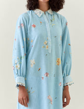 Blue botanical print  cotton linen kurta with scalloped net collar