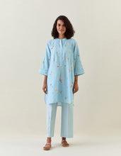 Blue botanical print mid length cotton linen kurta with yoke placket