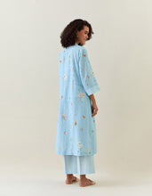 Blue botanical print front open cotton linen jacket