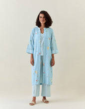 Blue botanical print front open cotton linen jacket