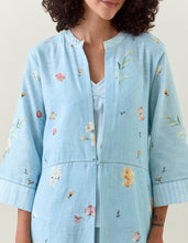 Blue botanical print front open cotton linen jacket