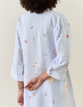 Lavender botanical print mid length cotton linen kurta with yoke placket