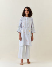 Lavender botanical print mid length cotton linen kurta with yoke placket