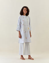 Lavender botanical print mid length cotton linen kurta with yoke placket