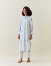 Lavender botanical print  cotton linen kurta with scalloped net collar