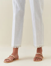 White striped cotton pull up  pant with scalloped net hem