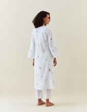 White botanical print cotton linen kurta with net placket