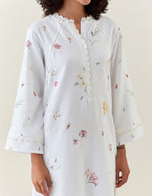 White botanical print cotton linen kurta with net placket
