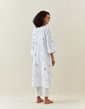 White botanical print cotton linen tunic with pocket