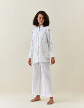 White botanical print cotton linen shirt