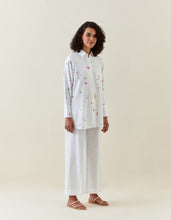 White botanical print cotton linen shirt