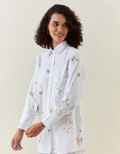 White botanical print cotton linen shirt