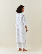 White botanical print front open cotton linen jacket