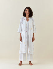 White botanical print front open cotton linen jacket