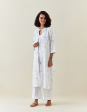 White botanical print front open cotton linen jacket